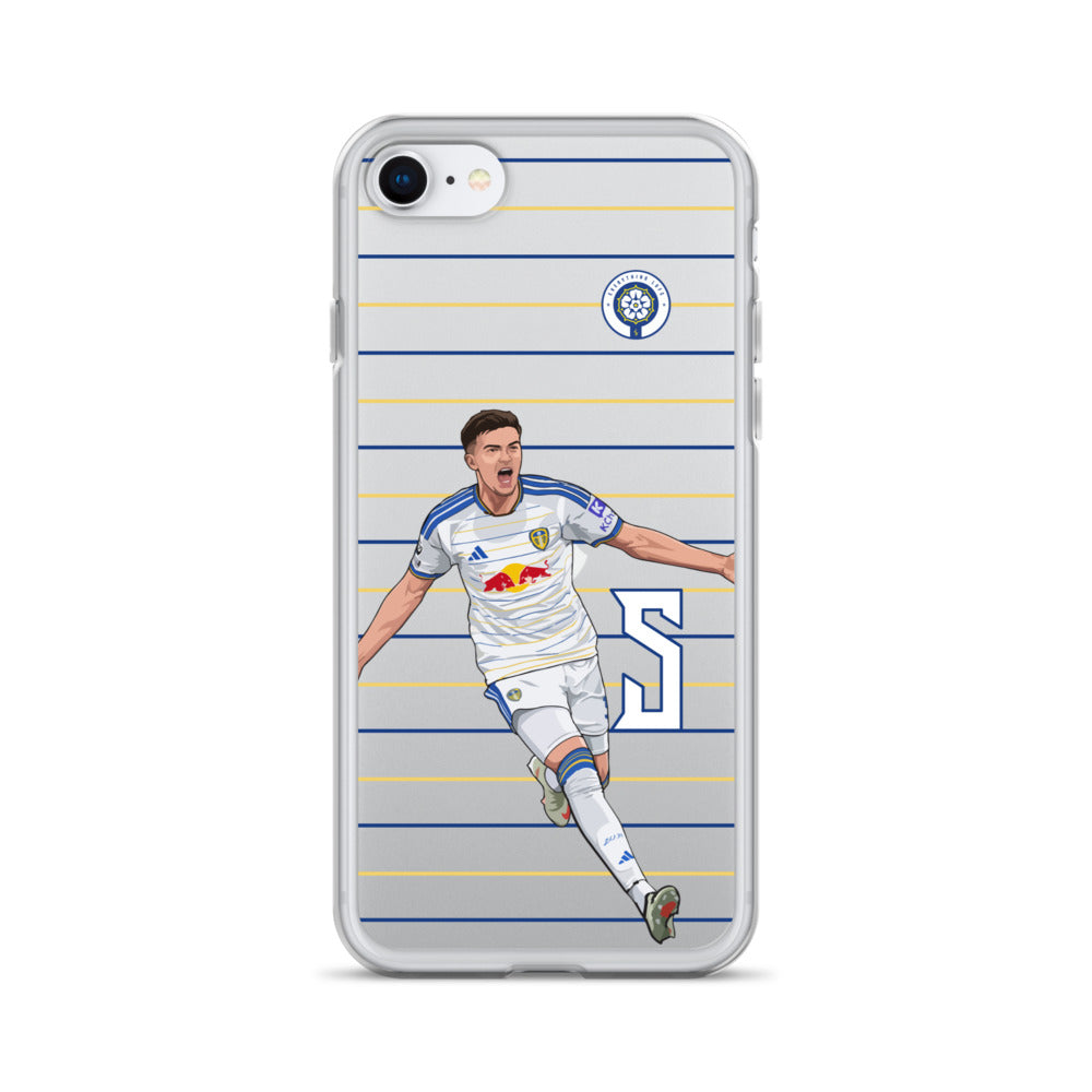 Clear iPhone case with soccer player graphic and blue-yellow stripes; top camera cutout