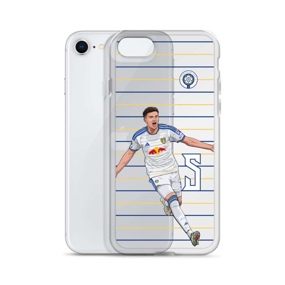 Clear iPhone case with side view; soccer player graphic on blue and yellow stripes