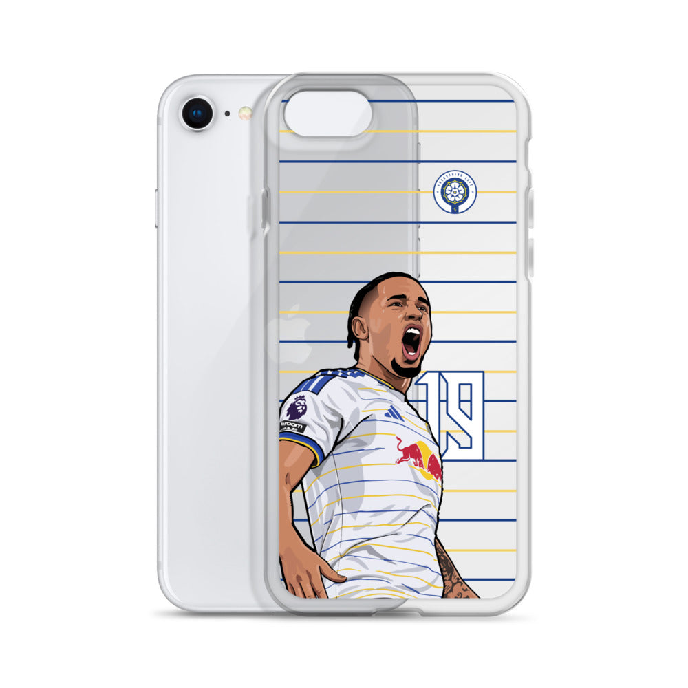 Clear iPhone case front and back with player in white Leeds kit