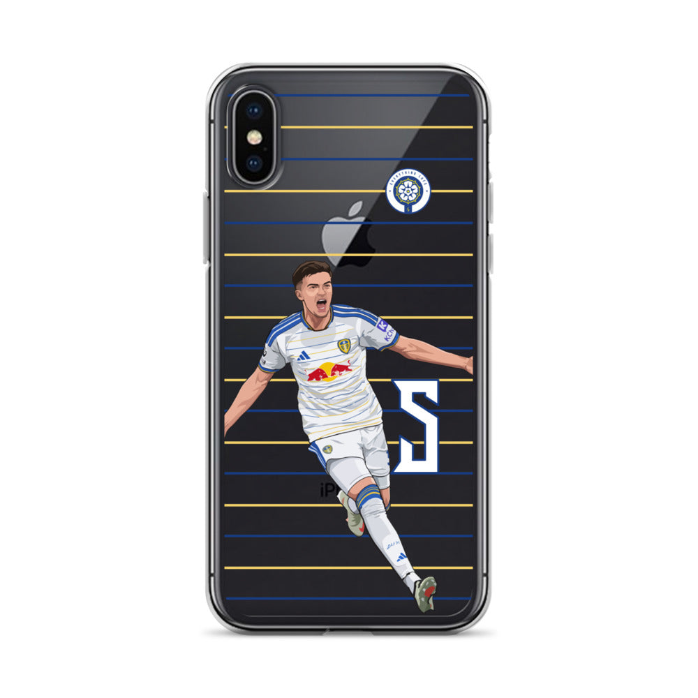 Clear iPhone case with player graphic on dark striped background