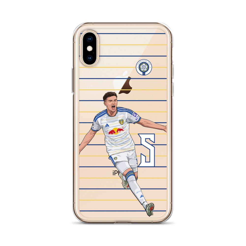 Clear iPhone case with player graphic on light gold striped background