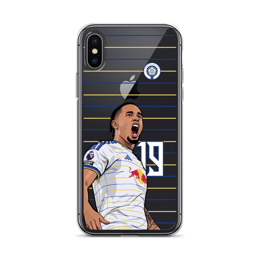 Black clear iPhone case with player in white Leeds kit celebrating on stripes