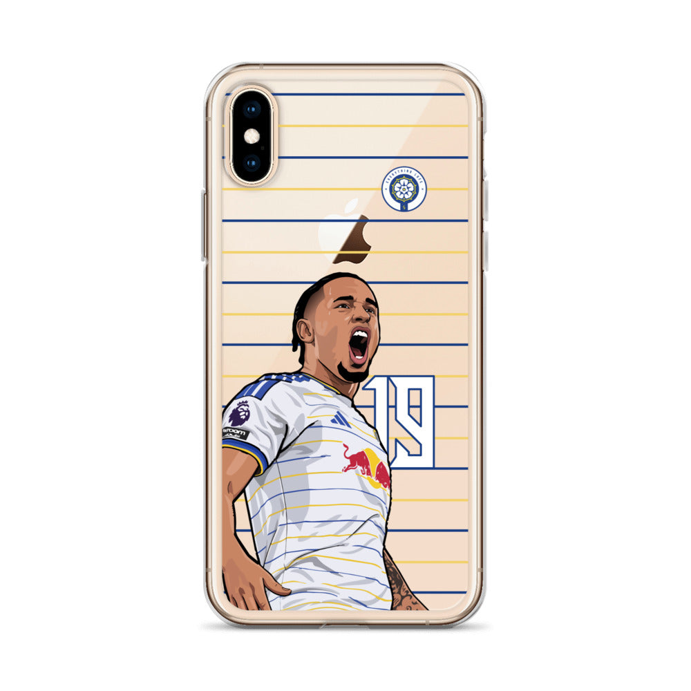 Gold-framed clear iPhone case with player in white Leeds kit and blue stripes
