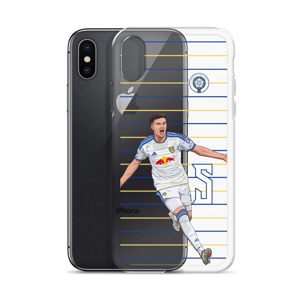 Clear iPhone case with player graphic; dark stripes with back phone view