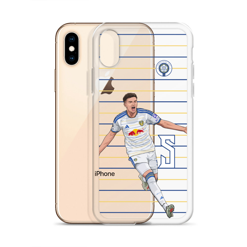 Clear iPhone case with player graphic; light gold stripes and back phone