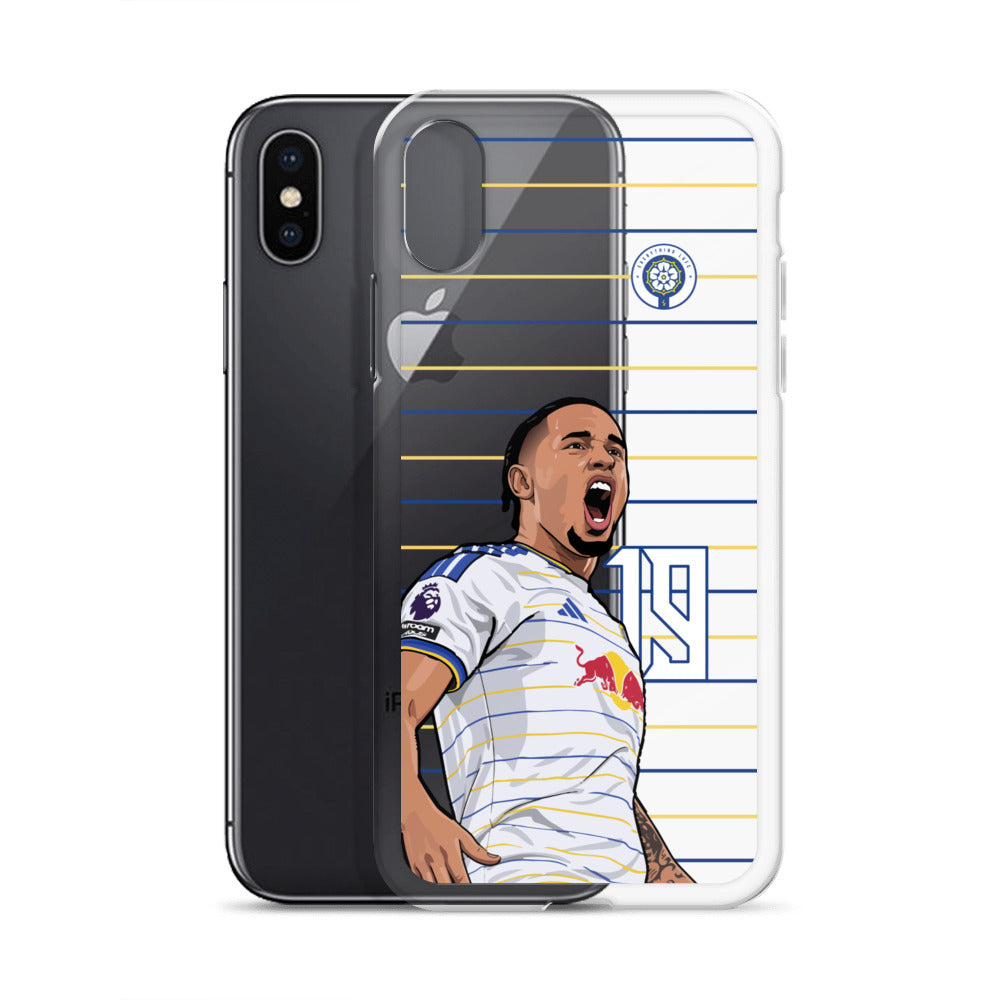 Black and clear iPhone case with player in white Leeds kit; front and back