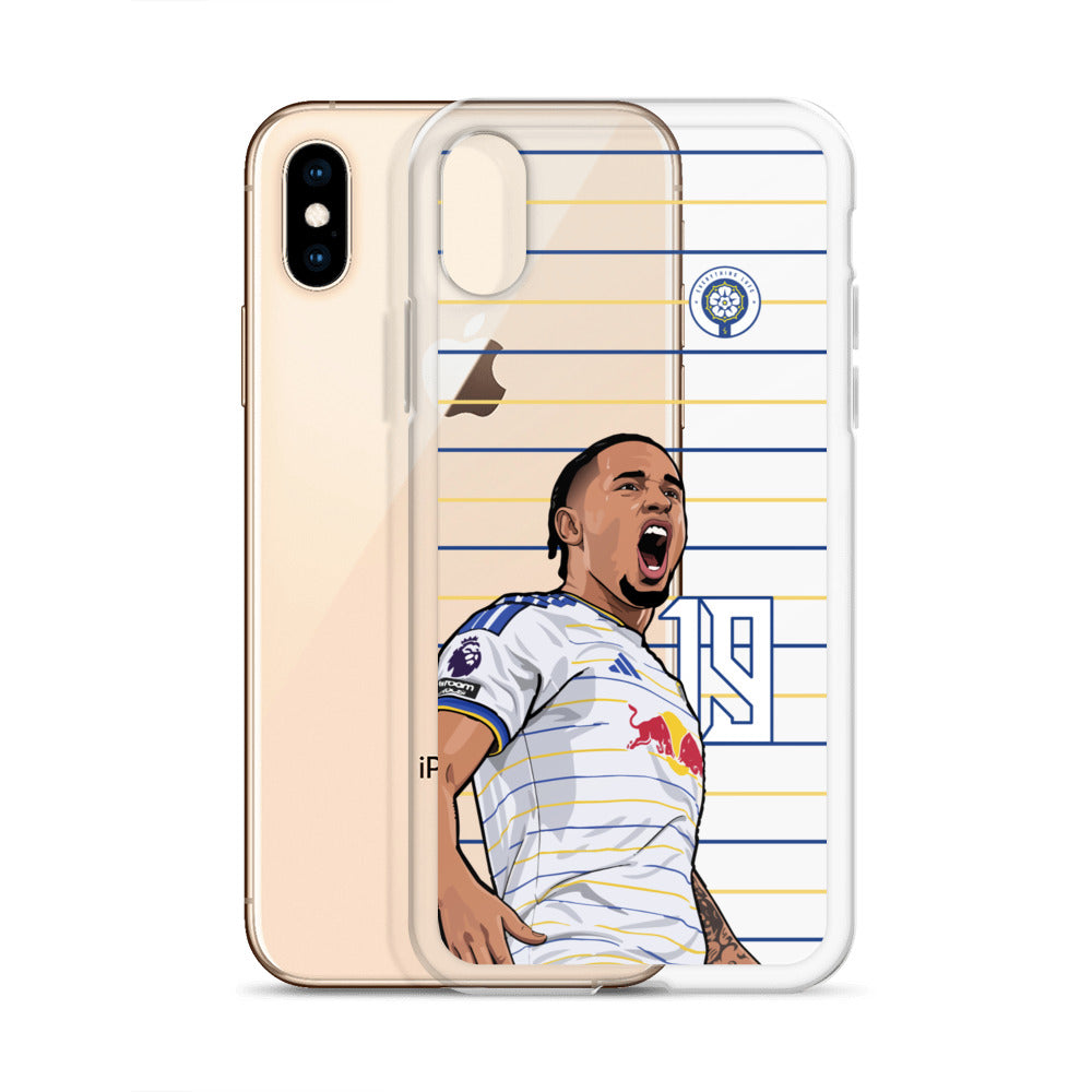 Gold-framed clear iPhone case with player in white Leeds kit; front and back