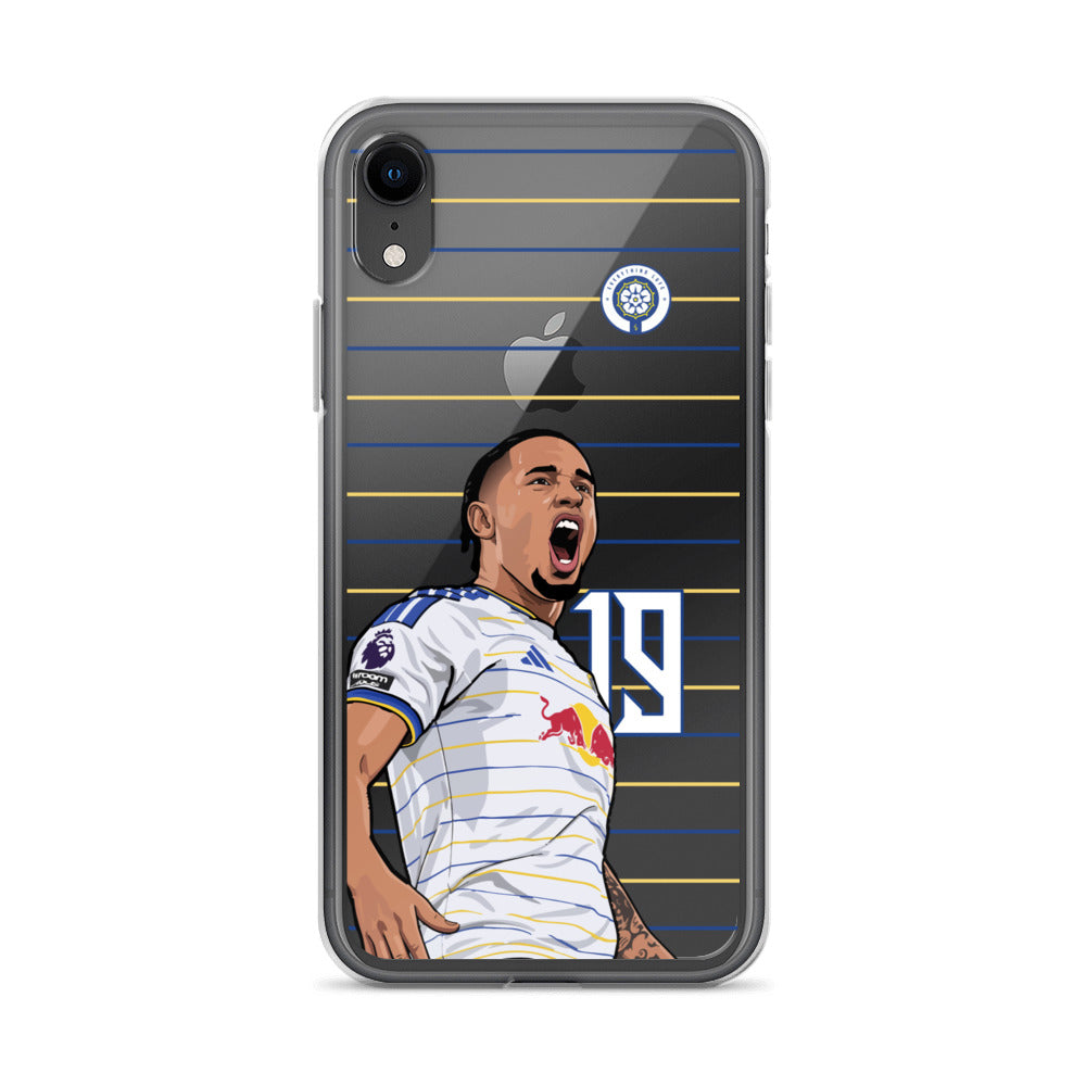 Grey-framed clear iPhone case with player in white Leeds kit celebrating
