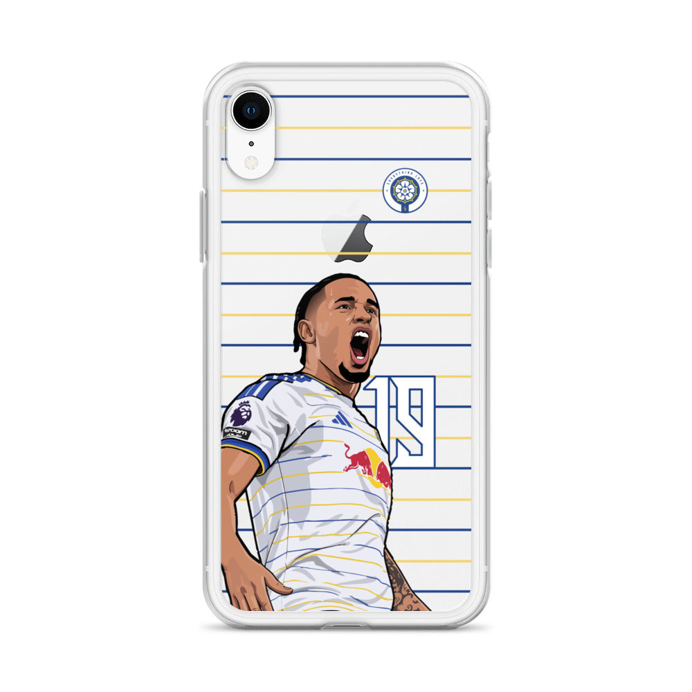 Transparent iPhone case with front-facing soccer player graphic and striped jersey
