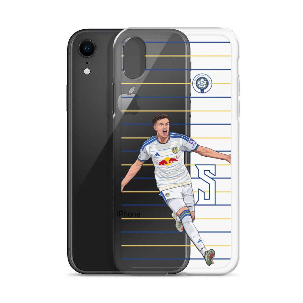 Clear iPhone case with player graphic; dark stripes with back phone view