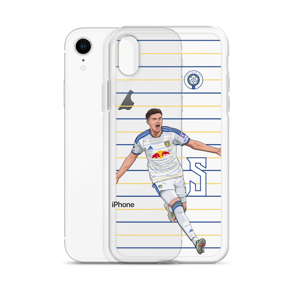 Clear iPhone case with player graphic; front and back views on light stripes