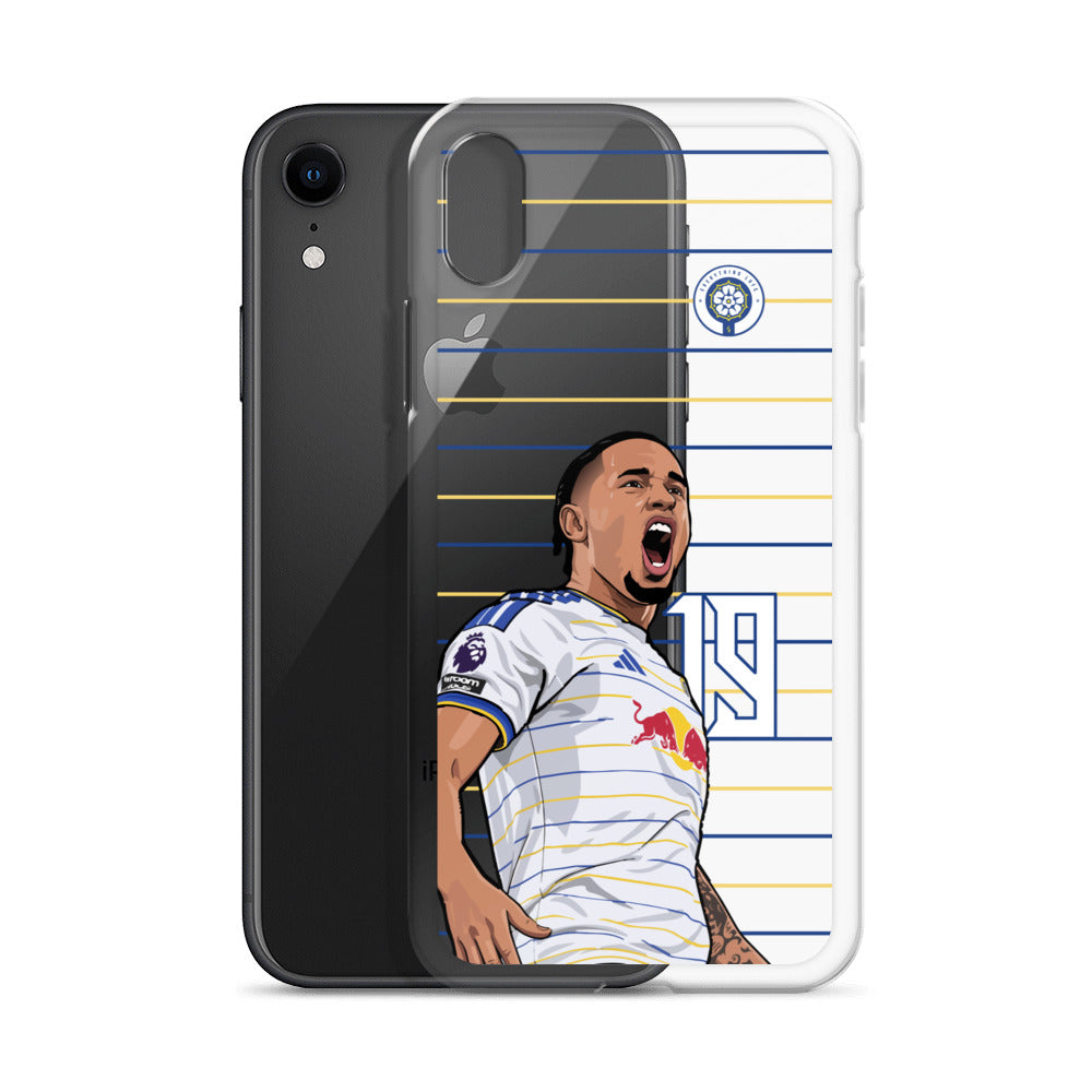 Transparent iPhone case with soccer player celebration graphic in white jersey