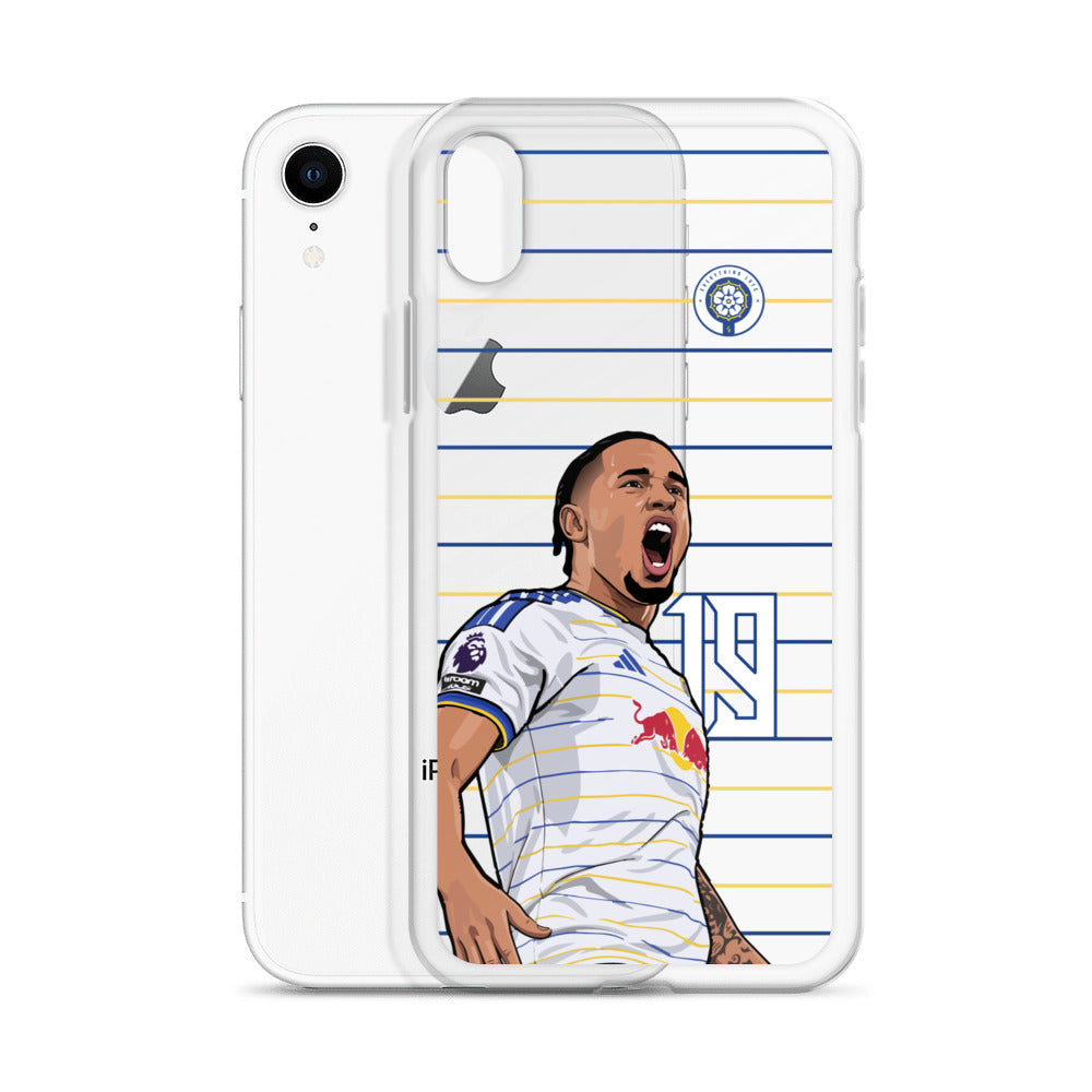 Transparent iPhone case with soccer player graphic, white jersey, and blue yellow lines