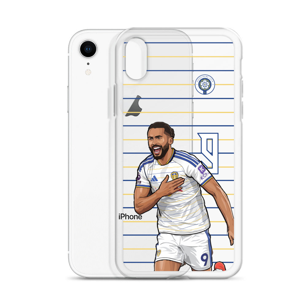 Clear iPhone case with Dominic Calvert-Lewin celebration illustration, blue and yellow stripes