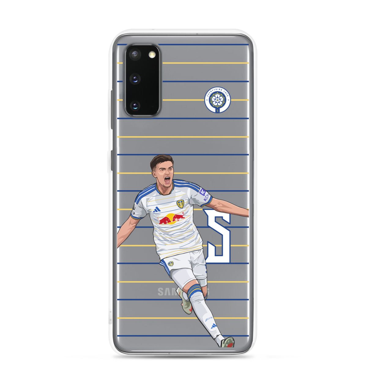 Clear Samsung phone case front view with soccer player graphic and blue-and-yellow lines