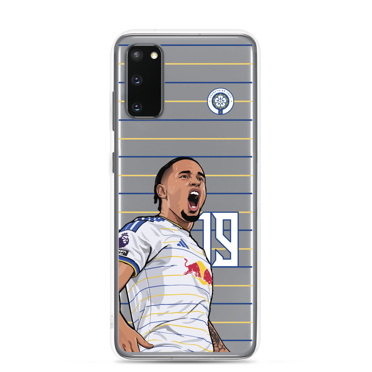 Clear Samsung phone case showing Noah Okafor Leeds United celebration graphic, side view