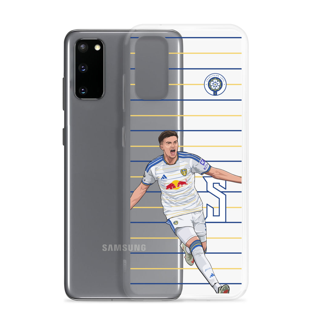 Clear Samsung phone case on gray phone back with striped soccer player artwork