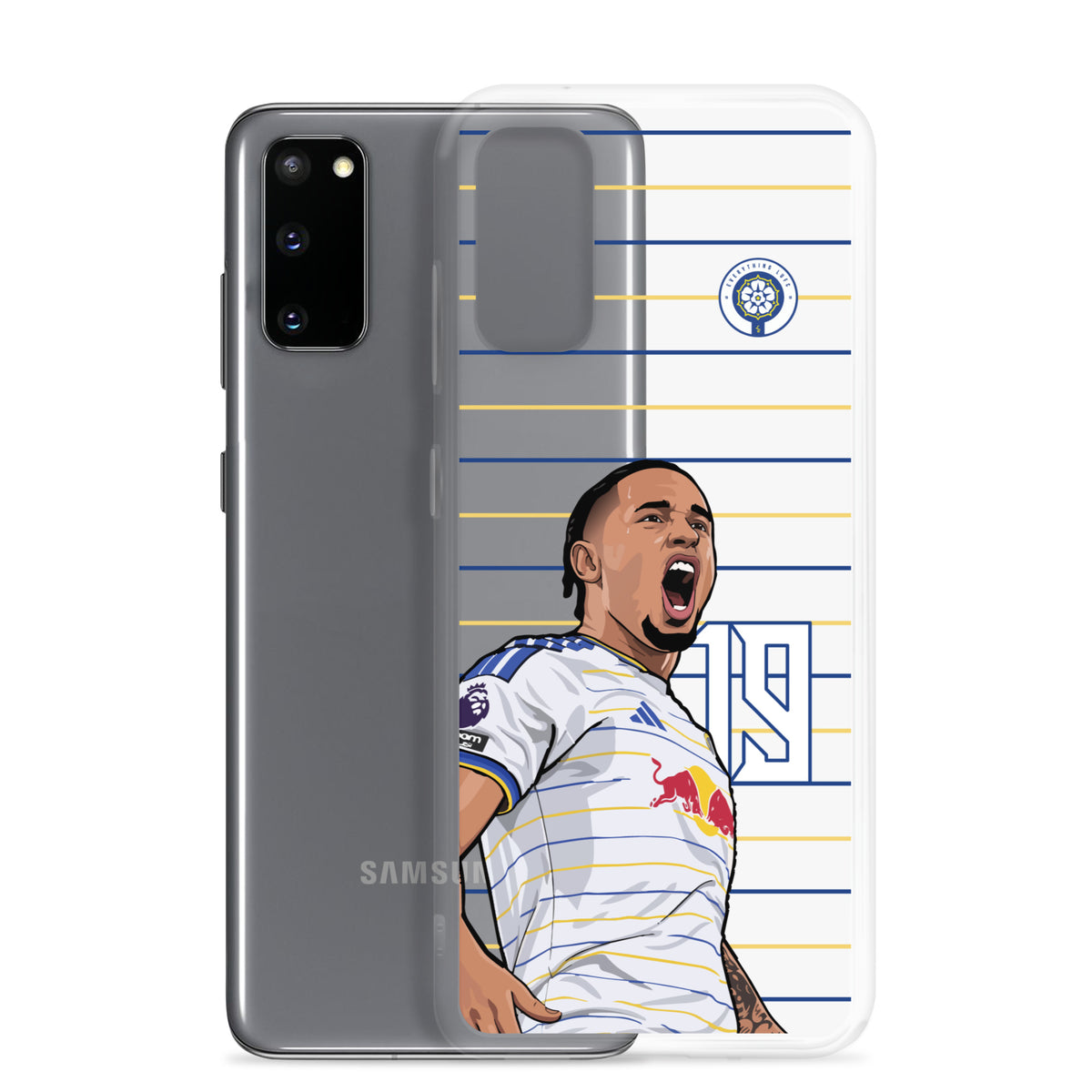 Clear Samsung phone case with Noah Okafor Leeds United celebration art, phone back visible