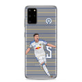 Clear Samsung phone case with blue-and-yellow stripes and soccer player graphic