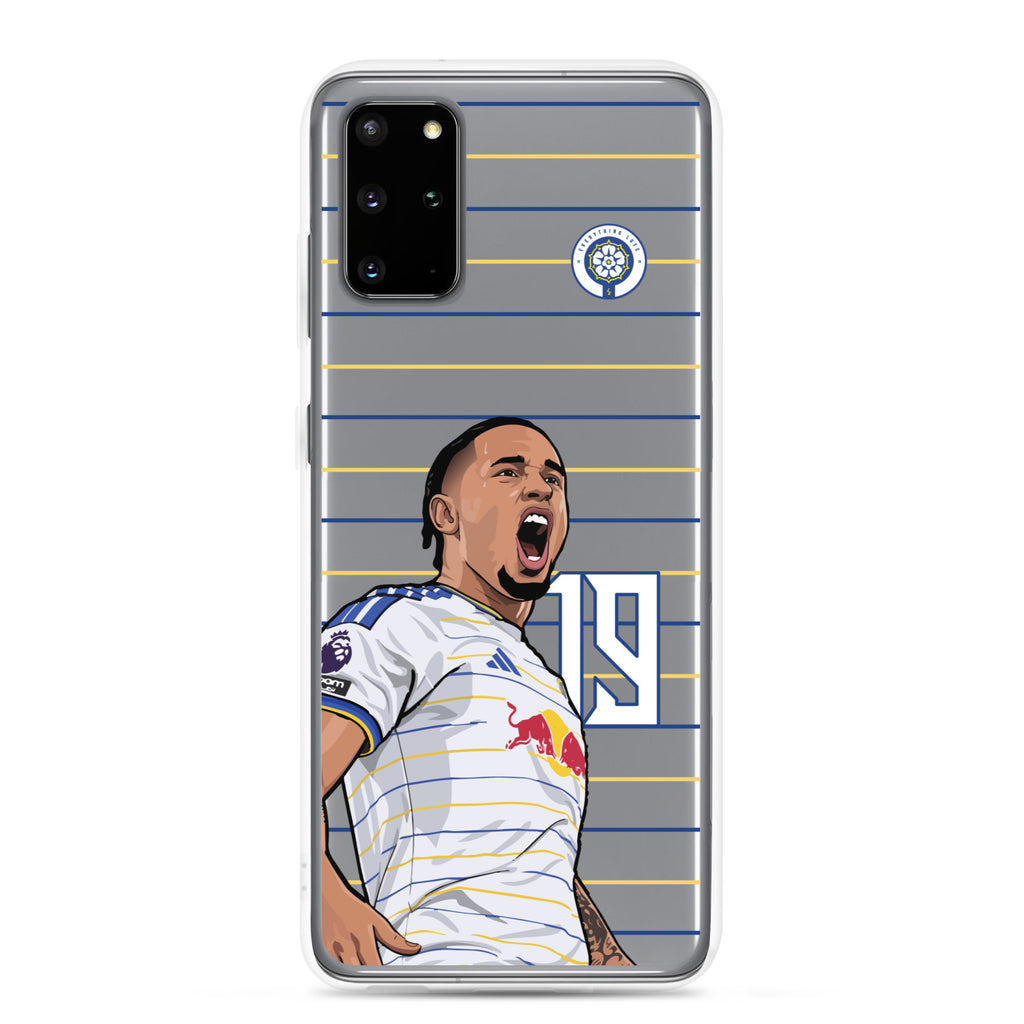 Clear Samsung phone case showing Noah Okafor Leeds United celebration illustration