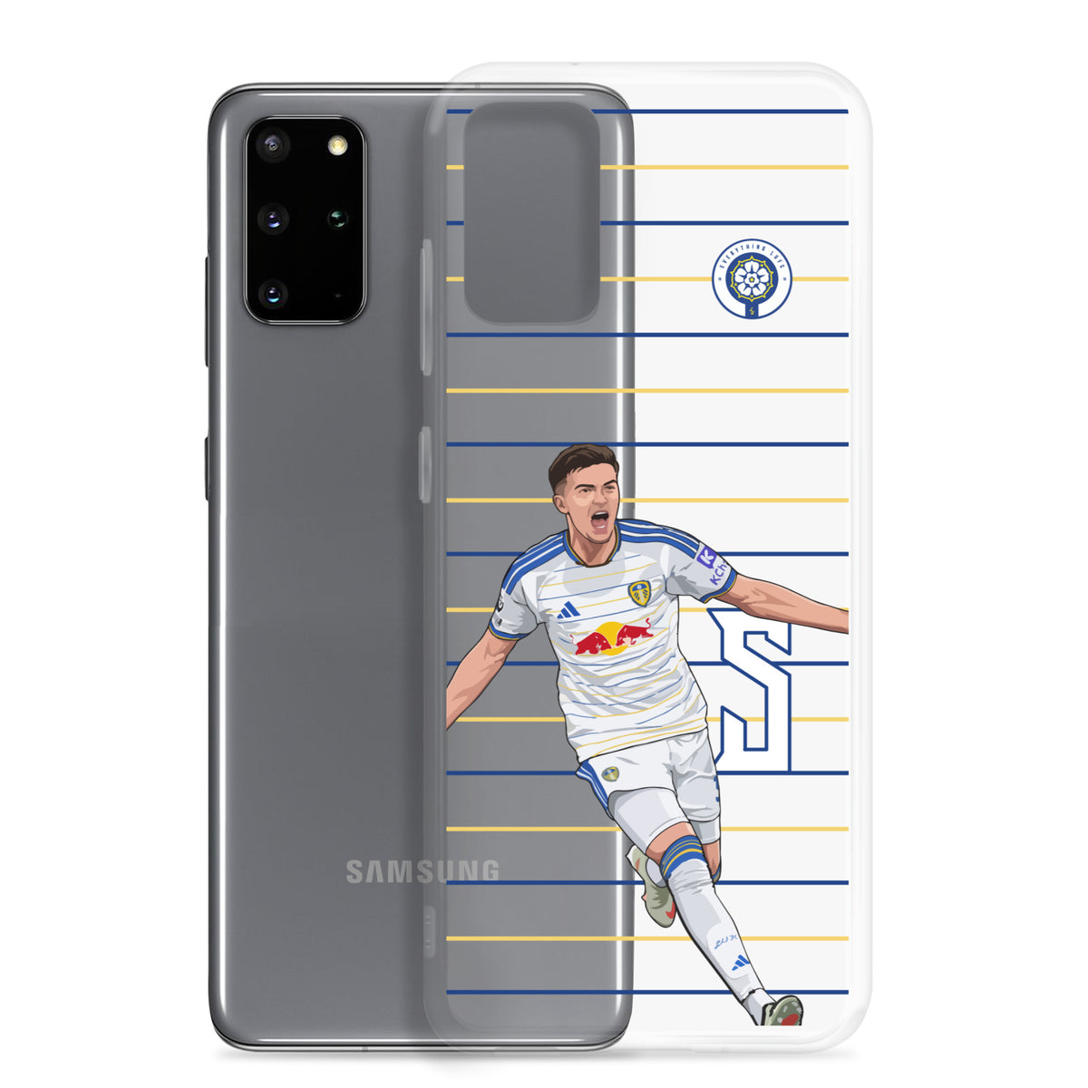 Clear Samsung phone case over dark phone back, featuring striped soccer player design