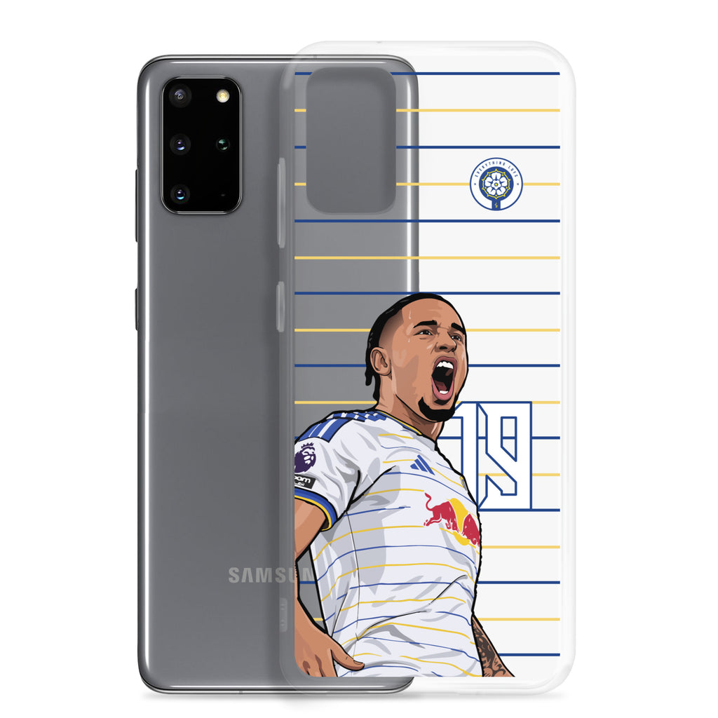 Clear Samsung phone case with Noah Okafor Leeds United celebration graphic, back view