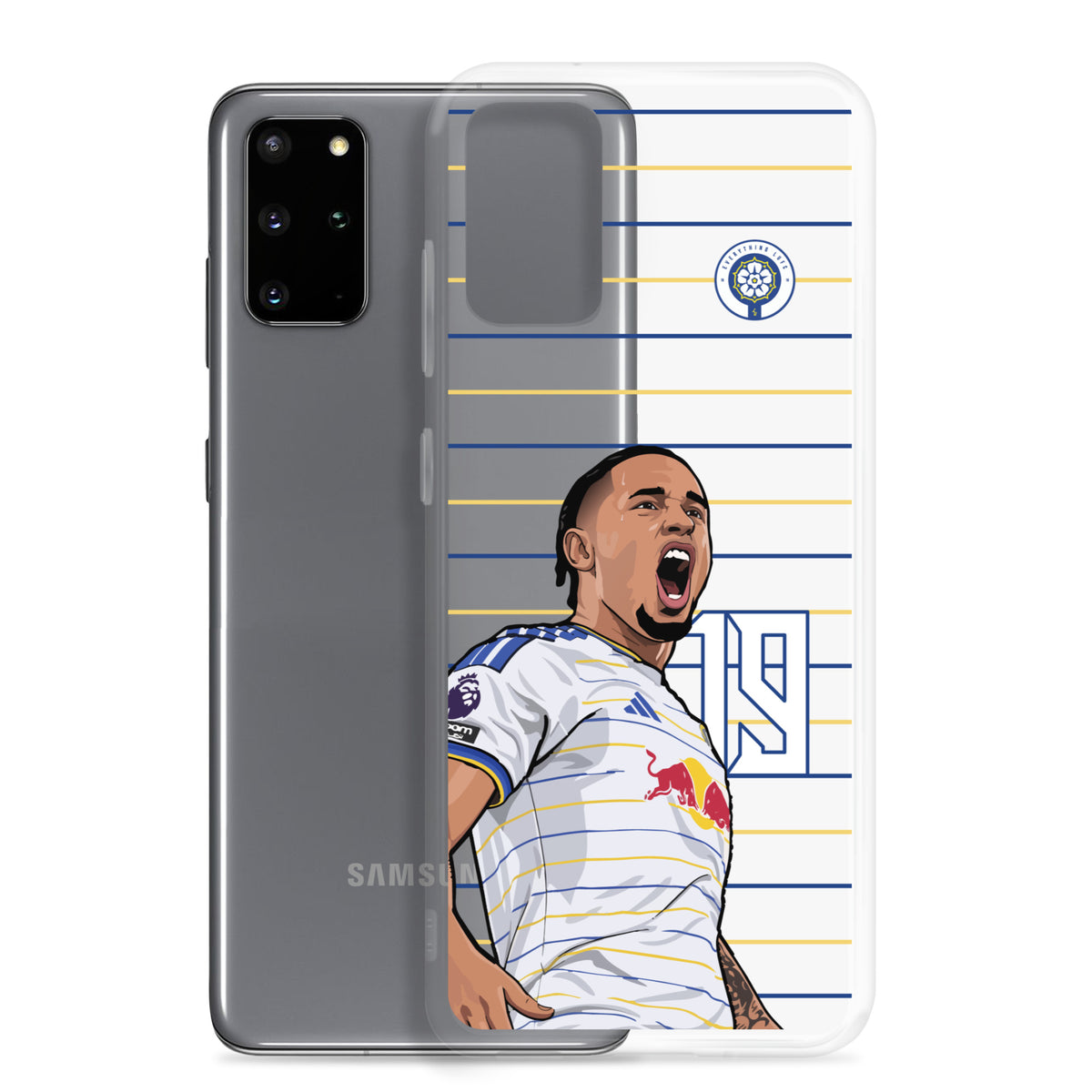 Clear Samsung phone case with Noah Okafor Leeds United celebration graphic, back view