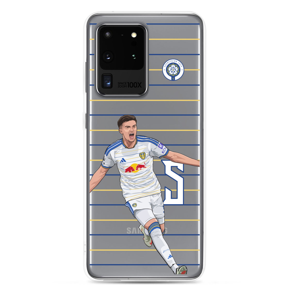 Clear Samsung phone case with soccer player in white kit on blue-and-yellow stripes