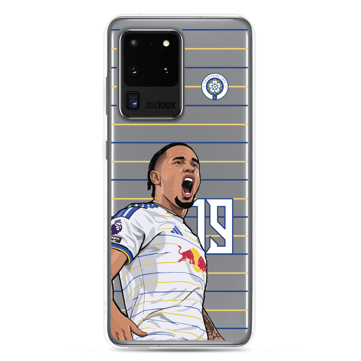 Clear Samsung phone case featuring Noah Okafor Leeds United celebration art, front view