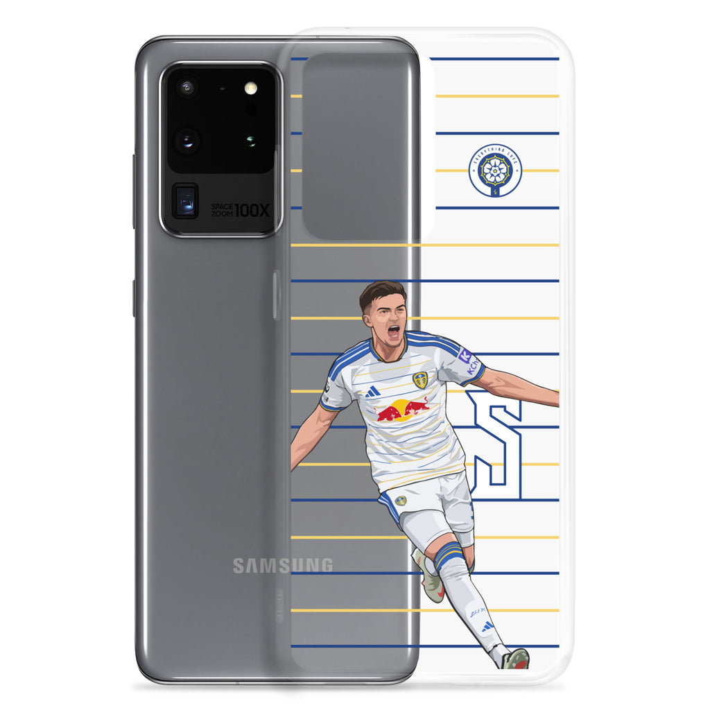 Clear Samsung phone case on dark phone back with striped soccer player and crest badge