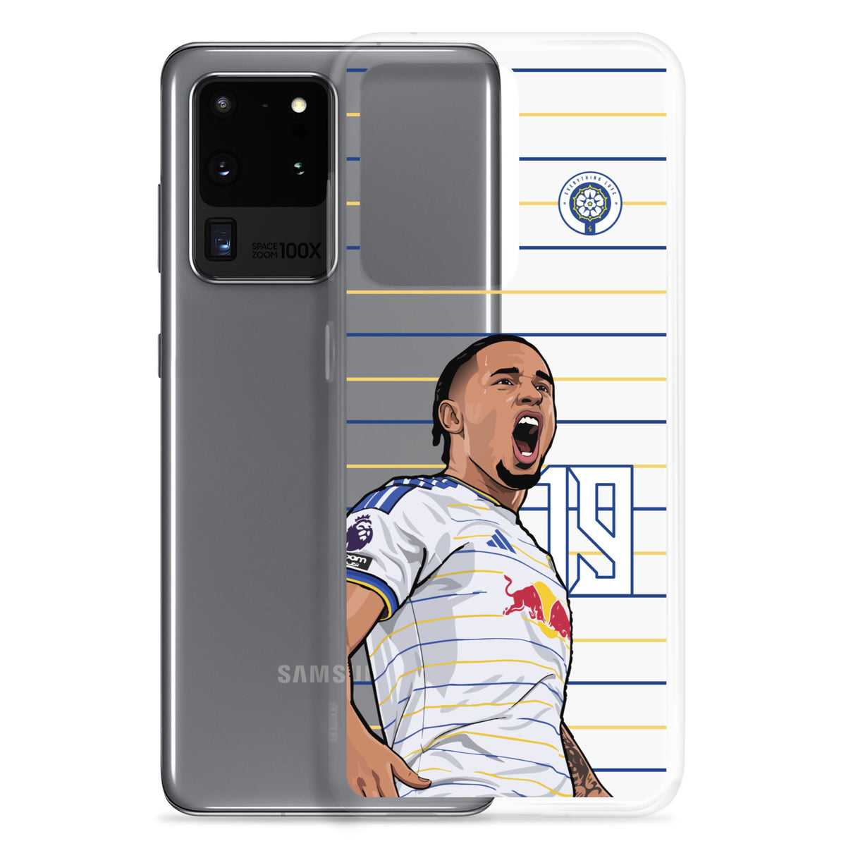 Clear Samsung phone case with Noah Okafor Leeds United celebration design, back view