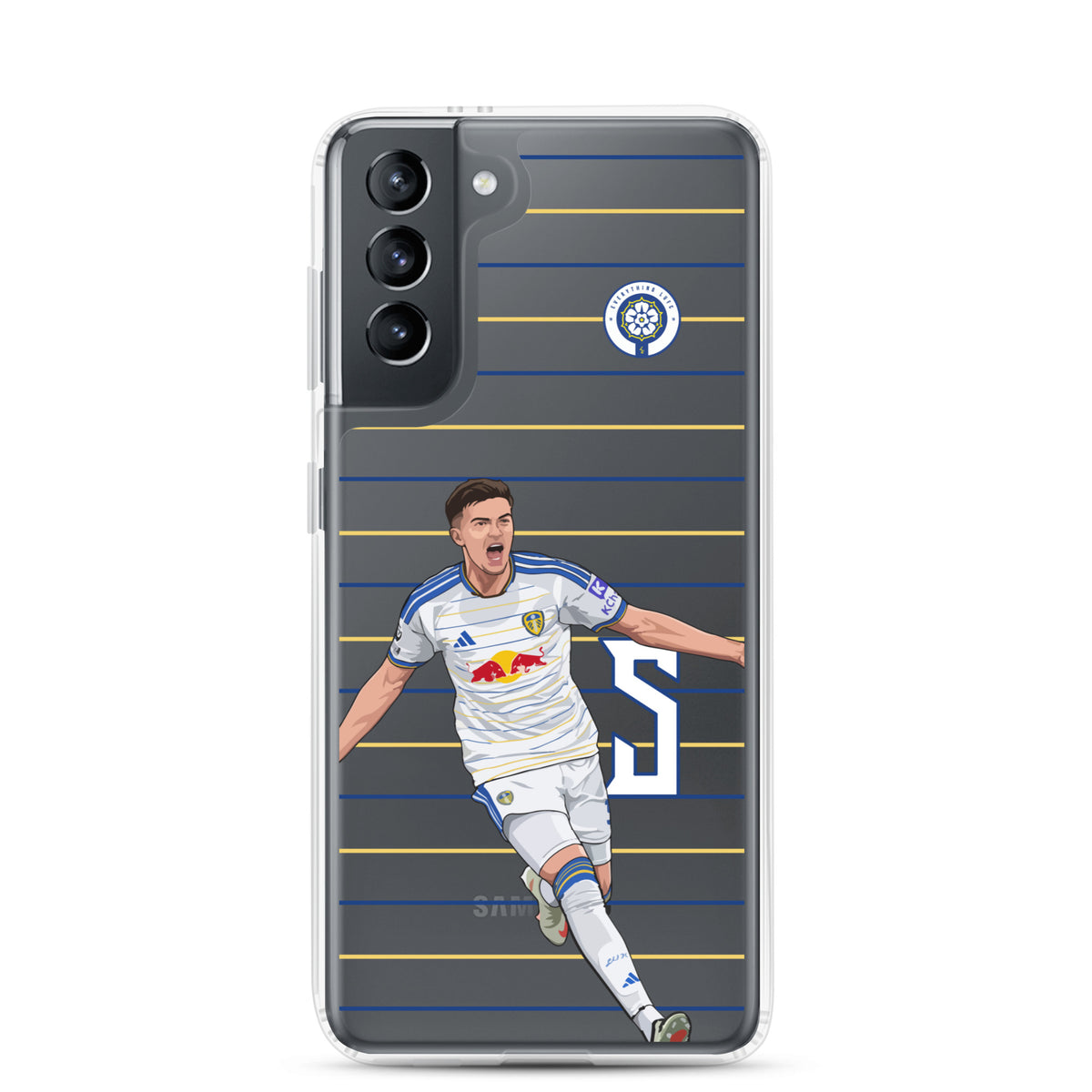 Samsung® clear phone case with Leeds United player graphic and blue yellow stripe design