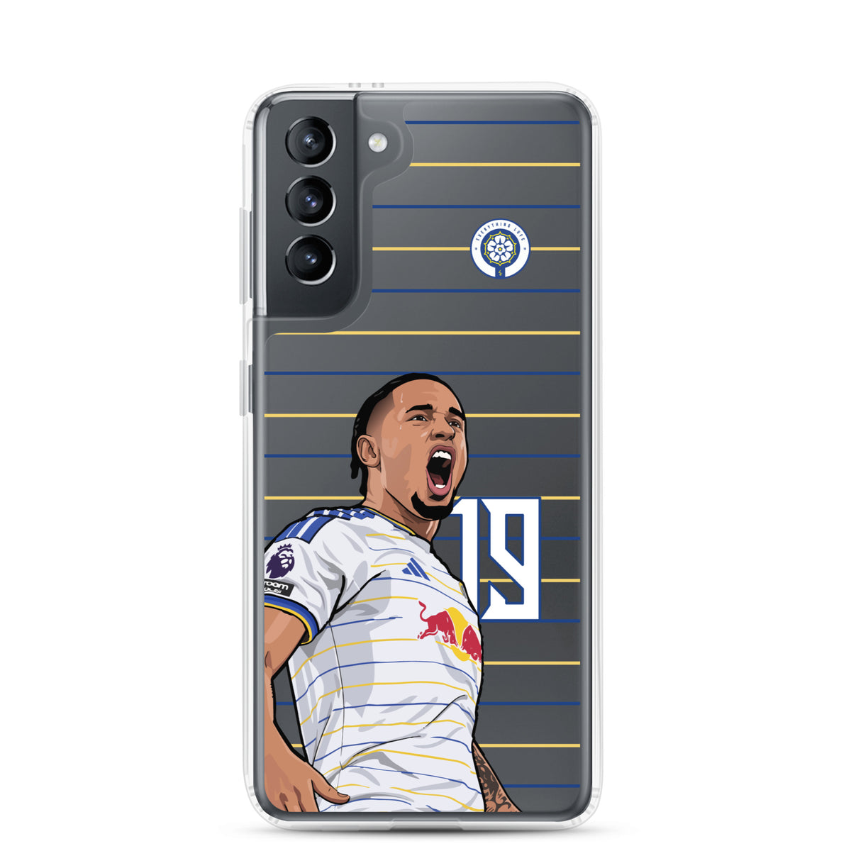 Clear Samsung phone case with soccer player celebration graphic, blue/yellow stripes and crest