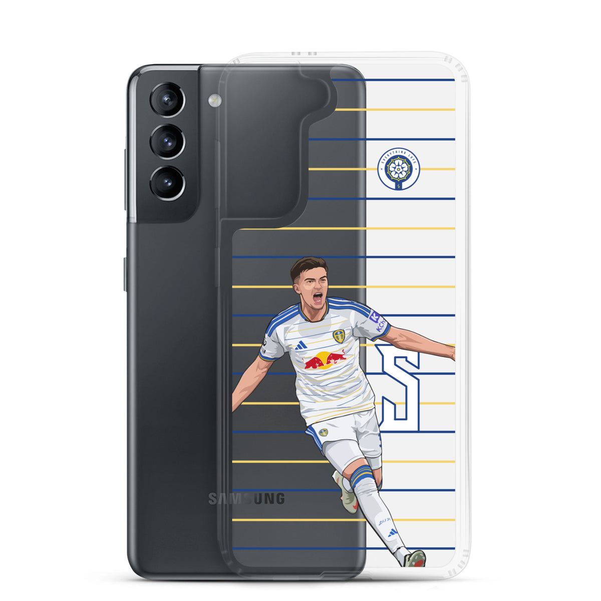 Samsung® clear phone case showing rear with player graphic on blue and yellow stripes