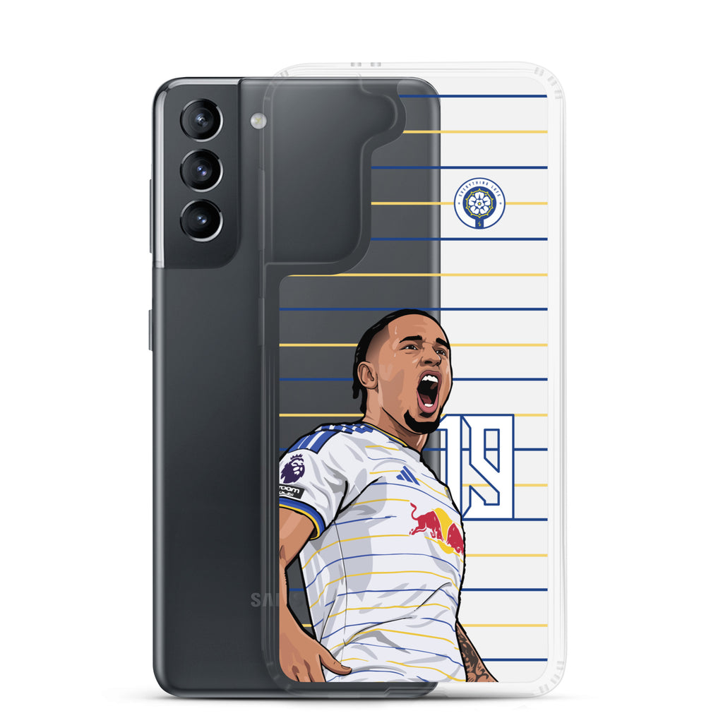 Clear phone case showing soccer player celebration graphic with team crest, blue/yellow stripes