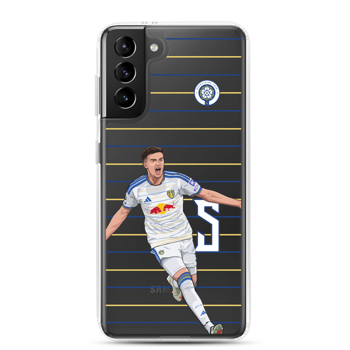 Clear Samsung phone case with dark phone back and soccer player graphic on stripes