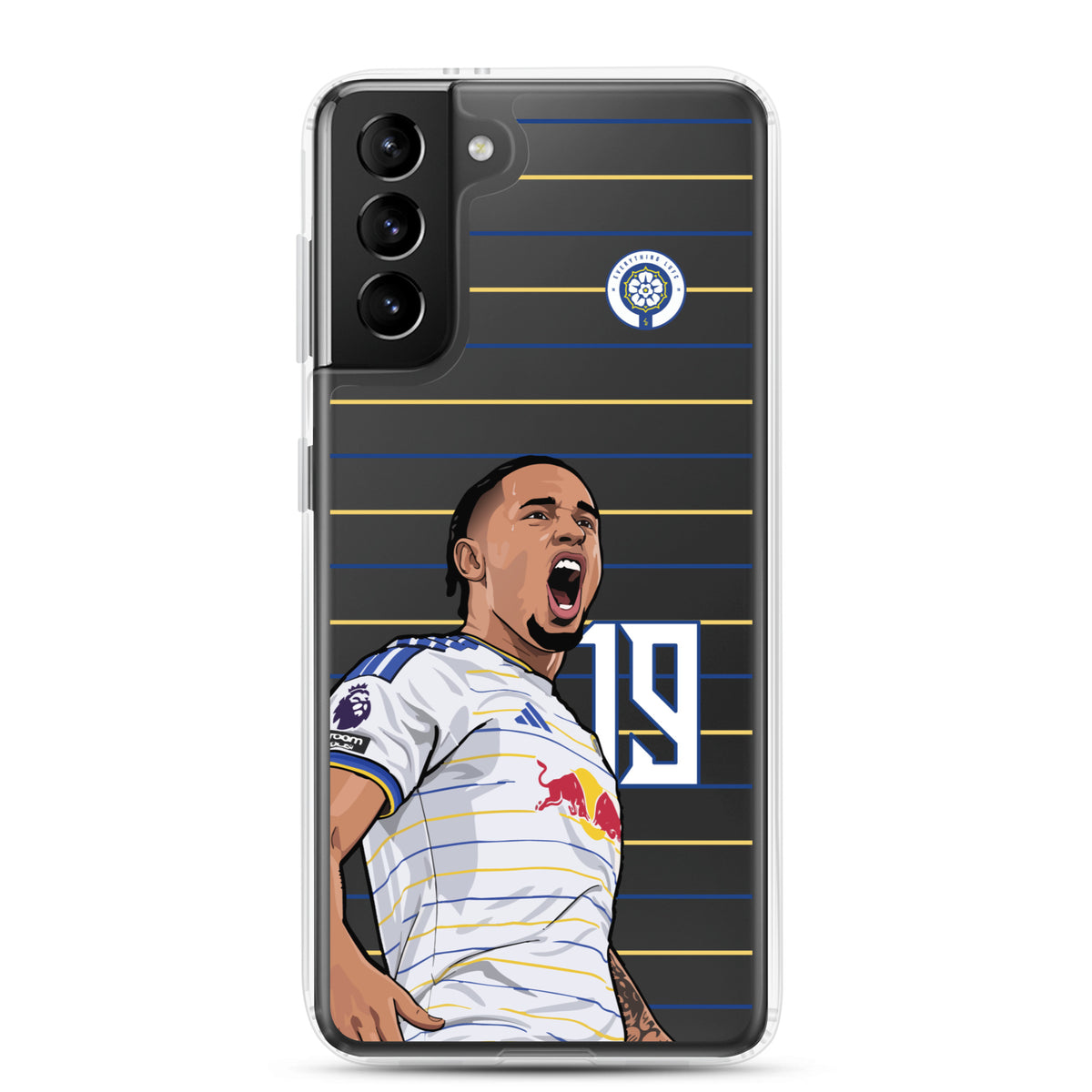Clear Samsung phone case with Noah Okafor Leeds United celebration graphic, front view