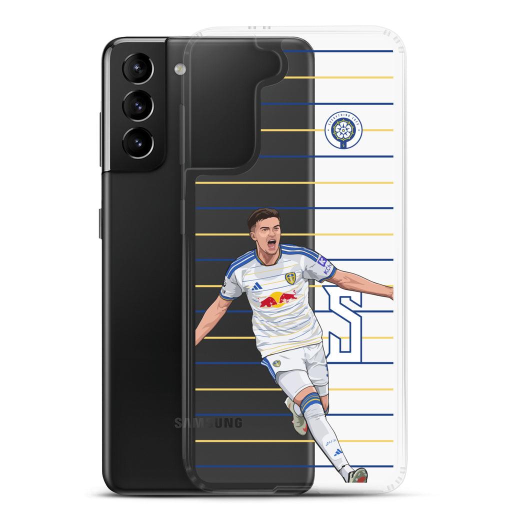 Clear Samsung phone case over black phone back with striped soccer player and crest