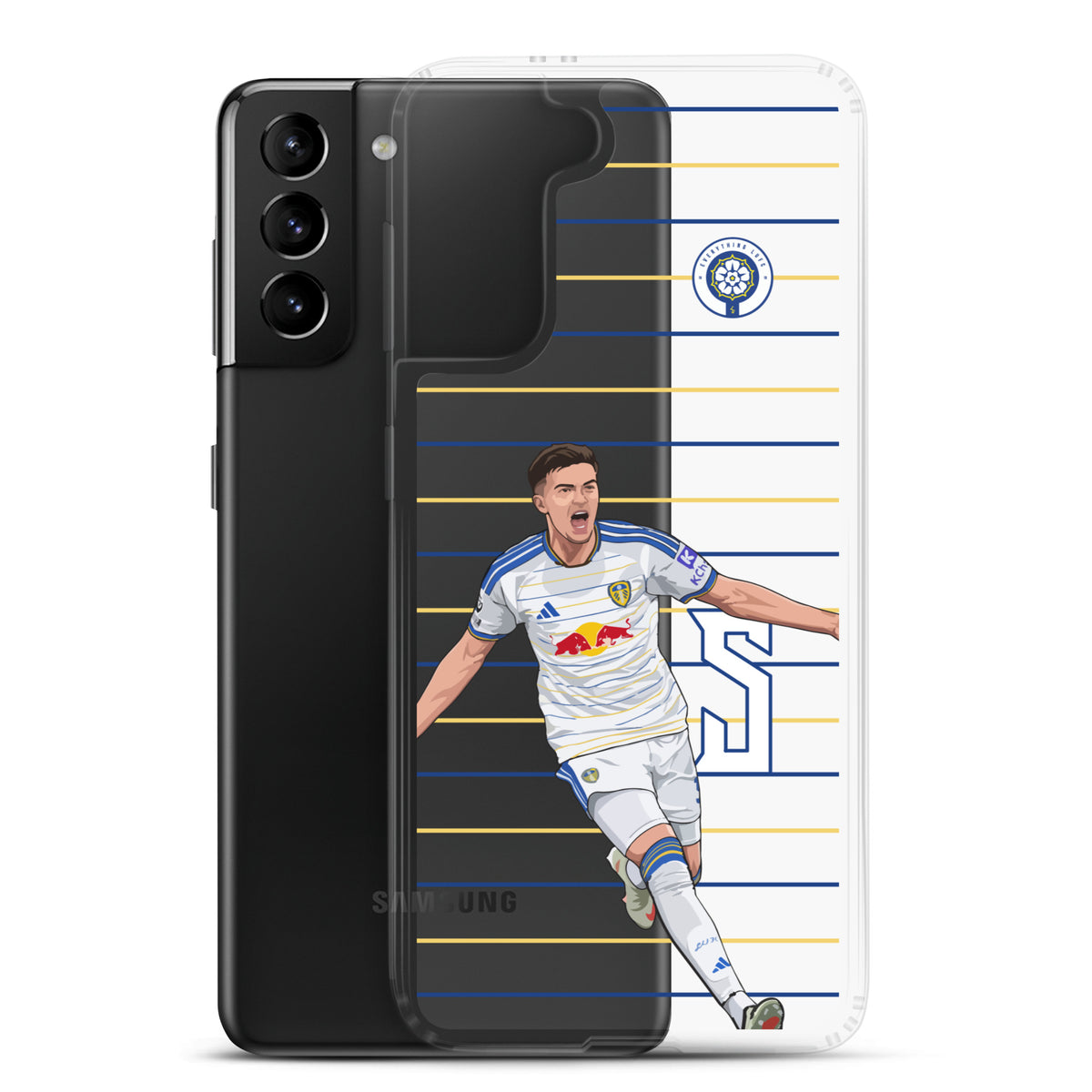 Clear Samsung phone case over black phone back with striped soccer player and crest