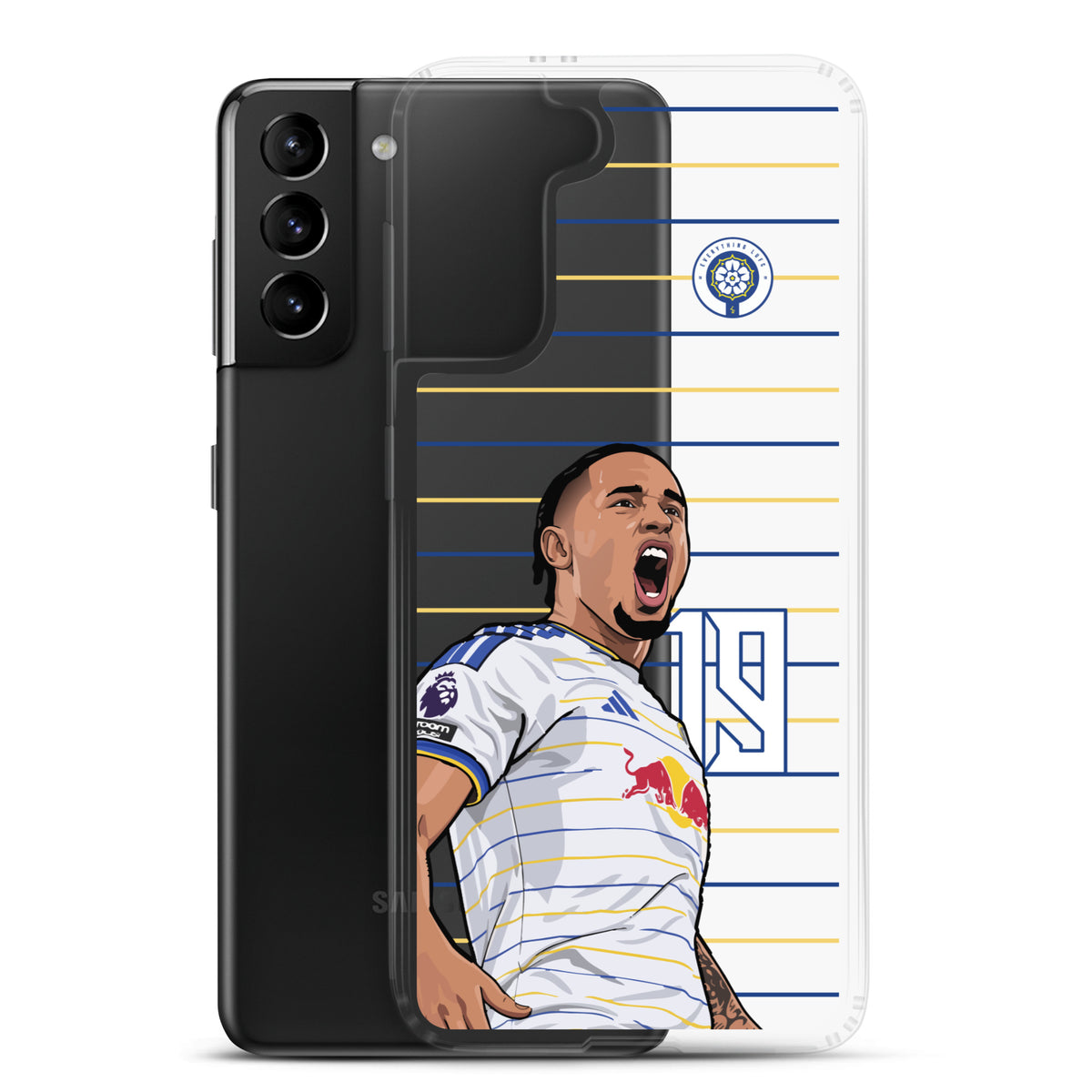 Clear Samsung phone case with Noah Okafor Leeds United celebration graphic and blue stripes