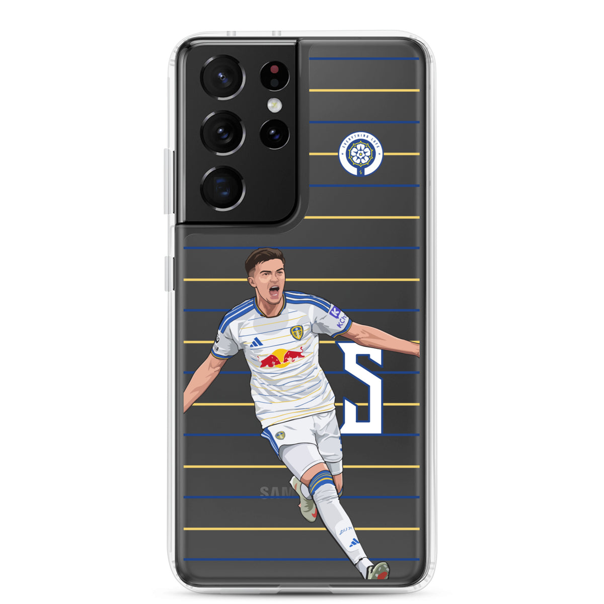 Clear Samsung phone case front with multi-camera view and striped soccer player design