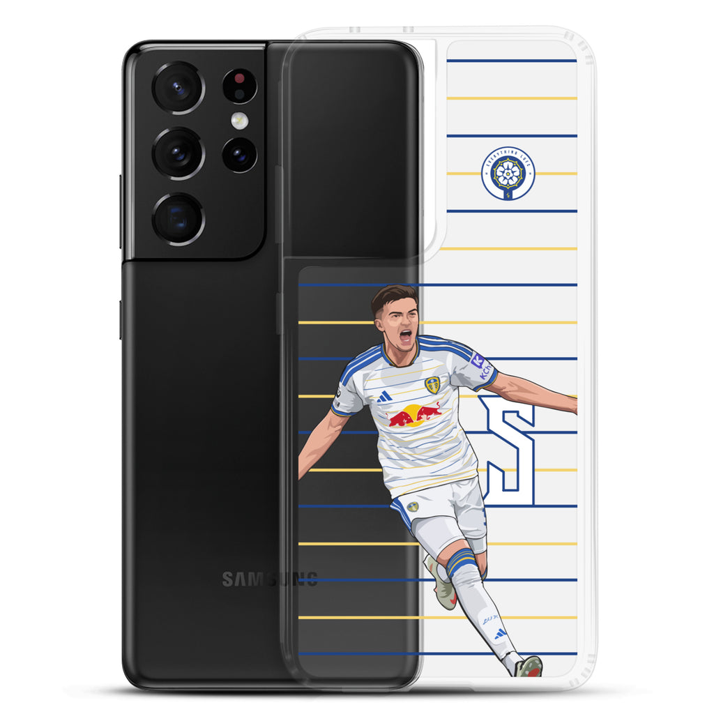 Clear Samsung phone case showing black phone back and front with striped soccer player