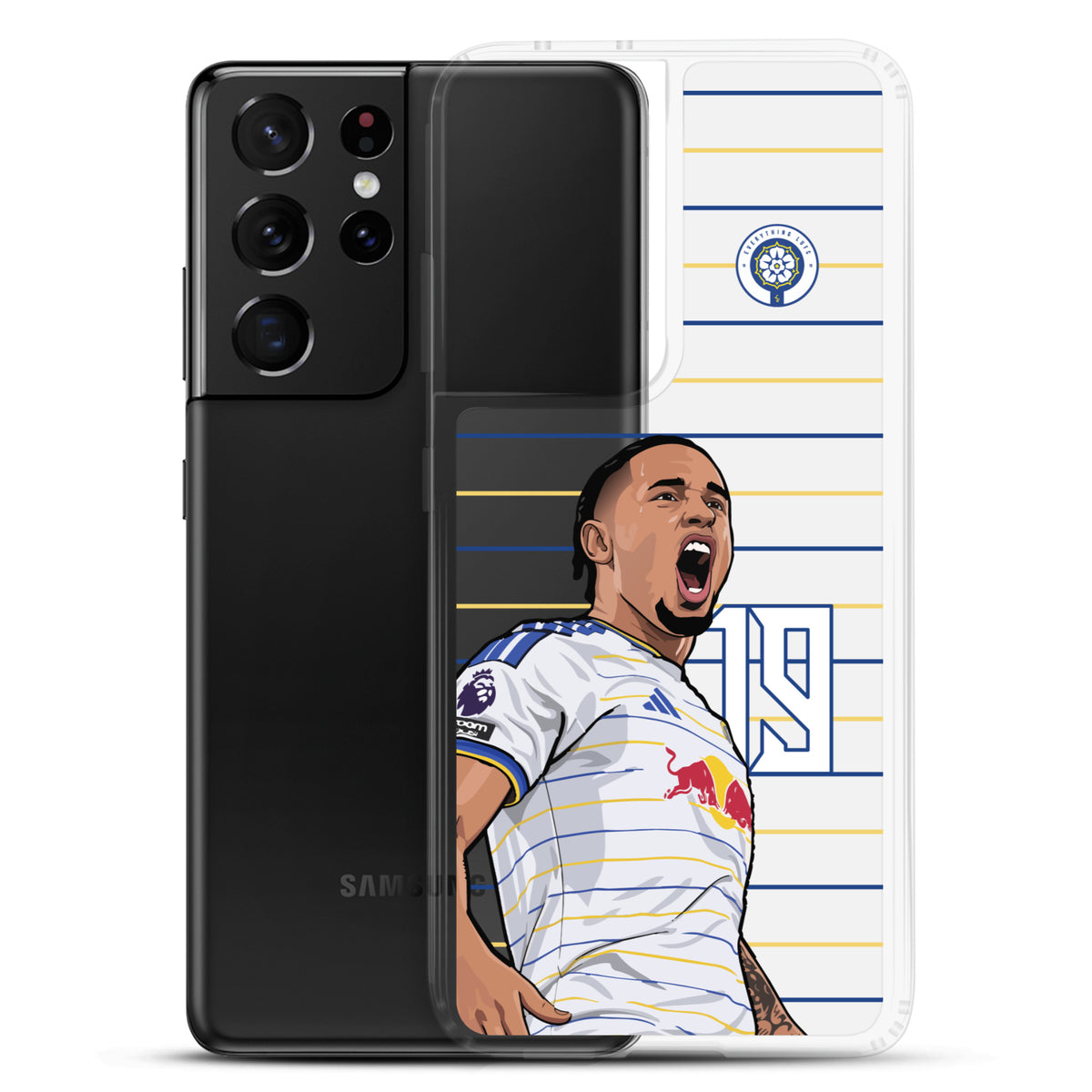 Clear Samsung phone case with Noah Okafor Leeds United celebration art, layered back view