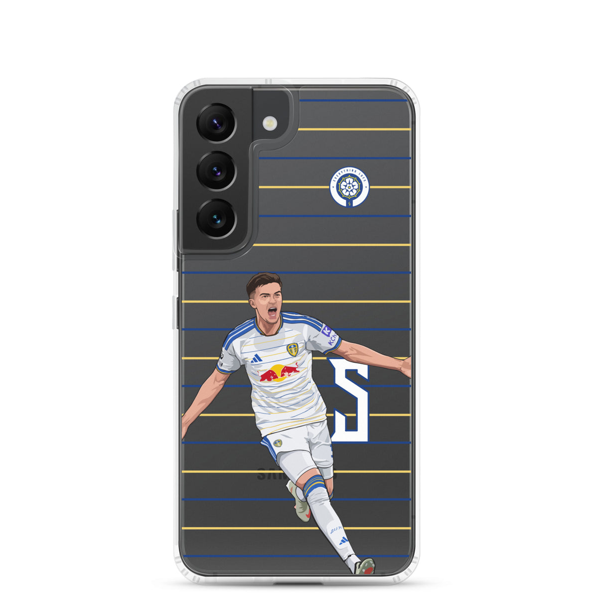 Samsung® clear phone case front view with player illustration, crest, and blue yellow lines