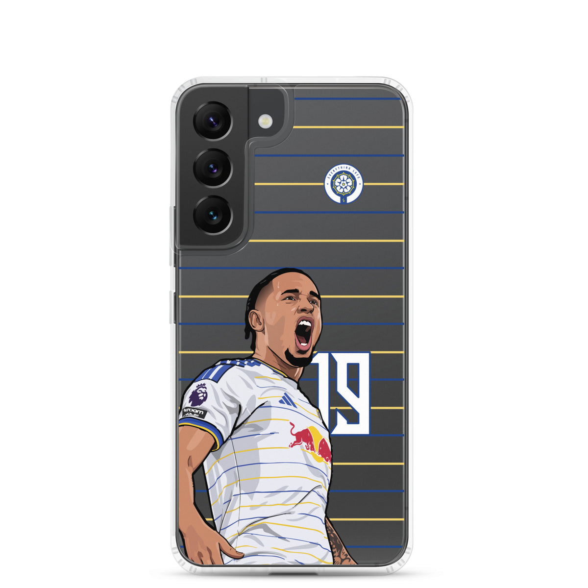 Clear phone case front view with soccer player celebration graphic and blue/yellow striped background