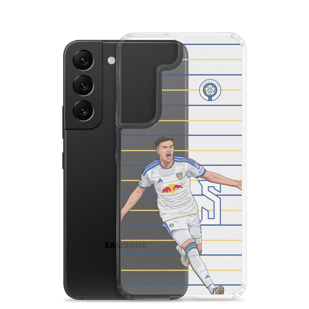 Samsung® clear phone case rear view with player graphic and blue yellow striped background