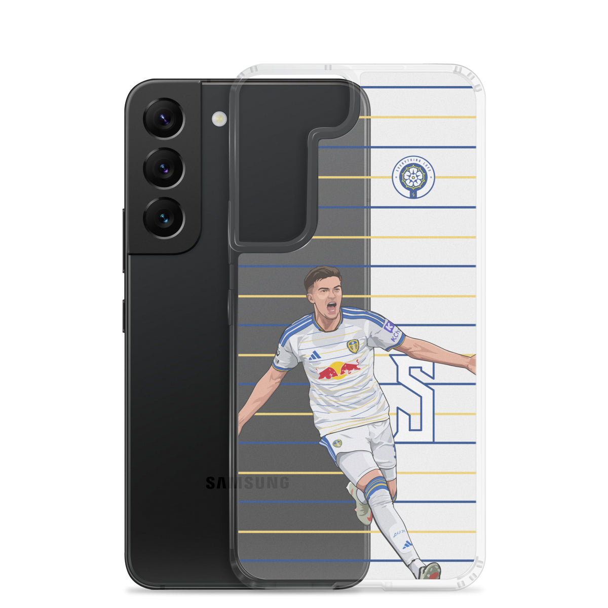 Samsung® clear phone case rear view with player graphic and blue yellow striped background
