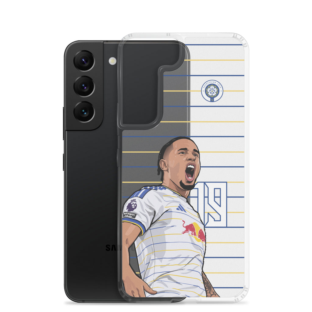 Clear phone case back view with soccer player celebration art and circular team crest