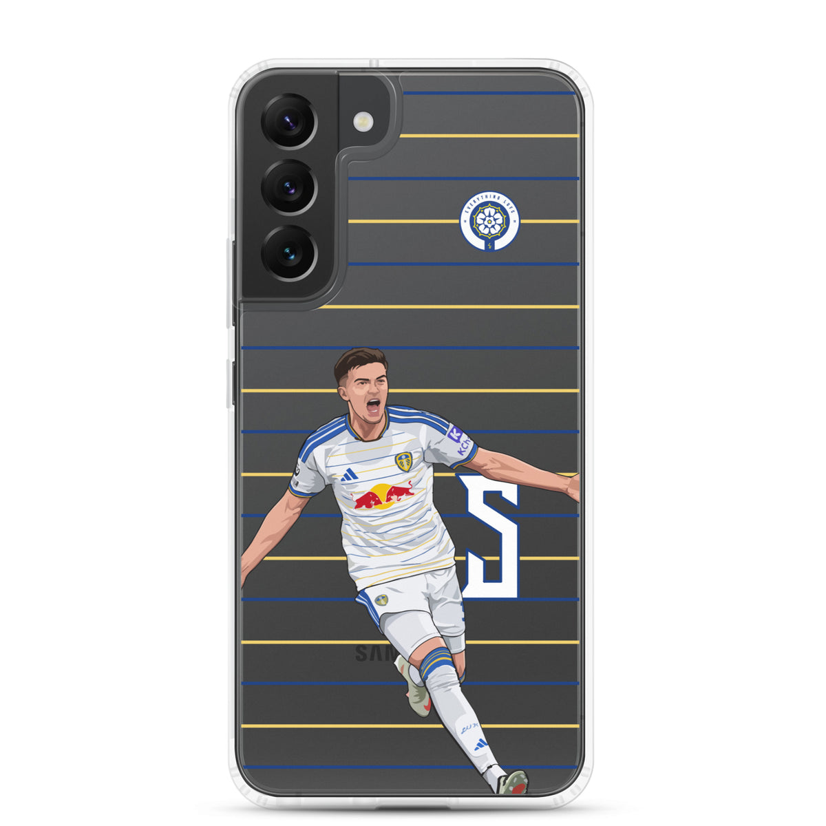 Samsung® clear phone case front view with player graphic, club crest, and stripe lines