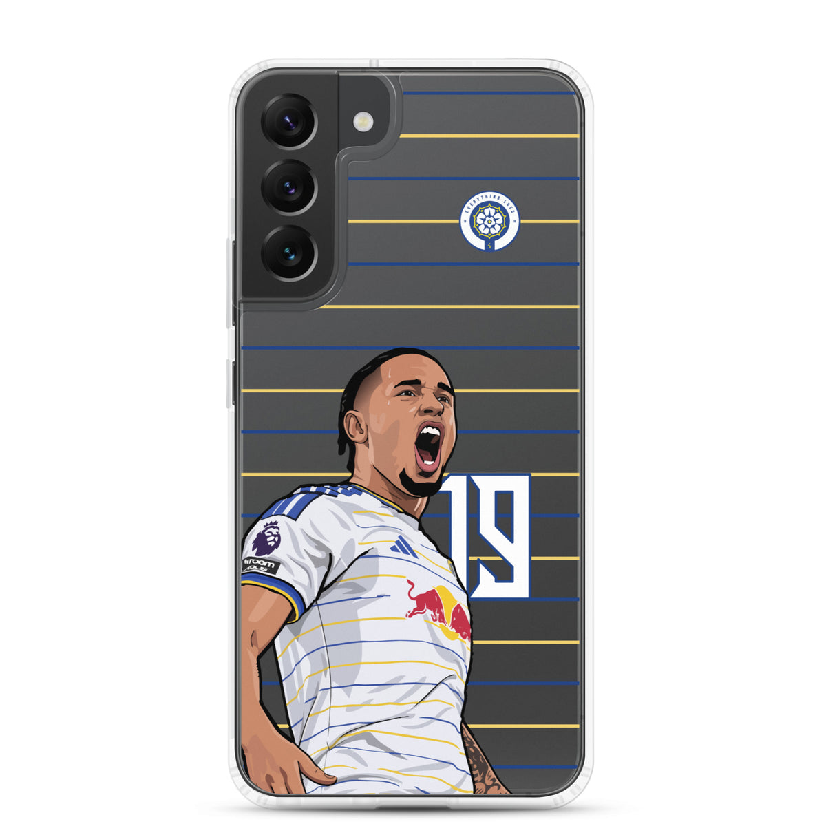 Clear phone case featuring soccer player celebration art with blue/yellow stripes and crest